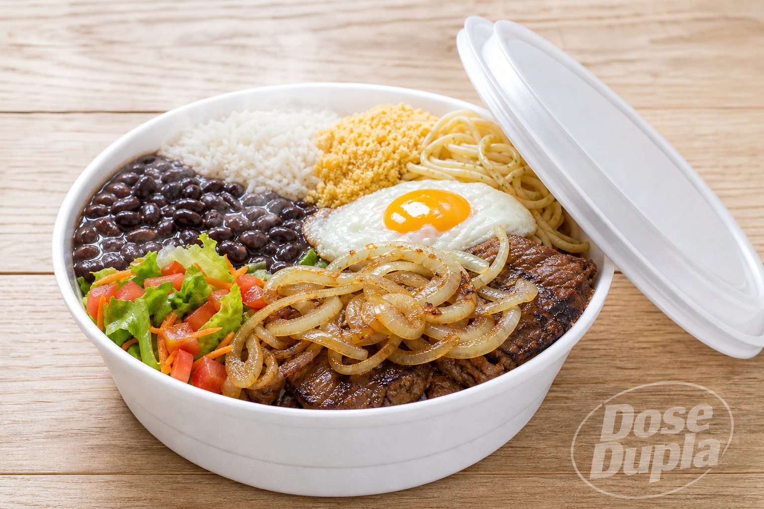 Fraldinha grelhada com cebola, arroz, feijão, farofa, espaguete, salada e ovo